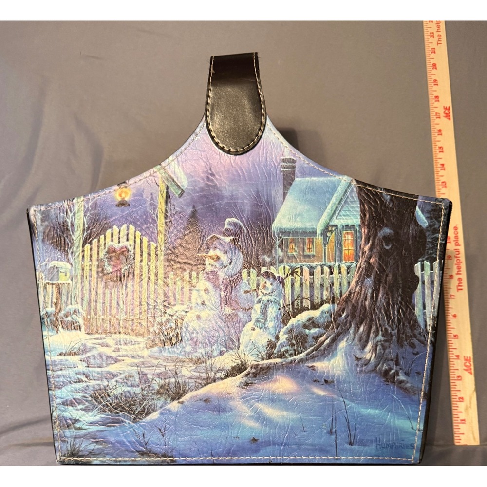 Humphries Snowman Winter Scene Storage Bin Magazine Rack Brown Handle